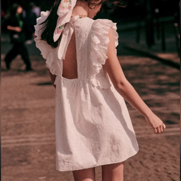 Sezane Chacha Embroidered Eyelet Lace Ruffle Mini Dress In Ecru - Picture 2 of 13